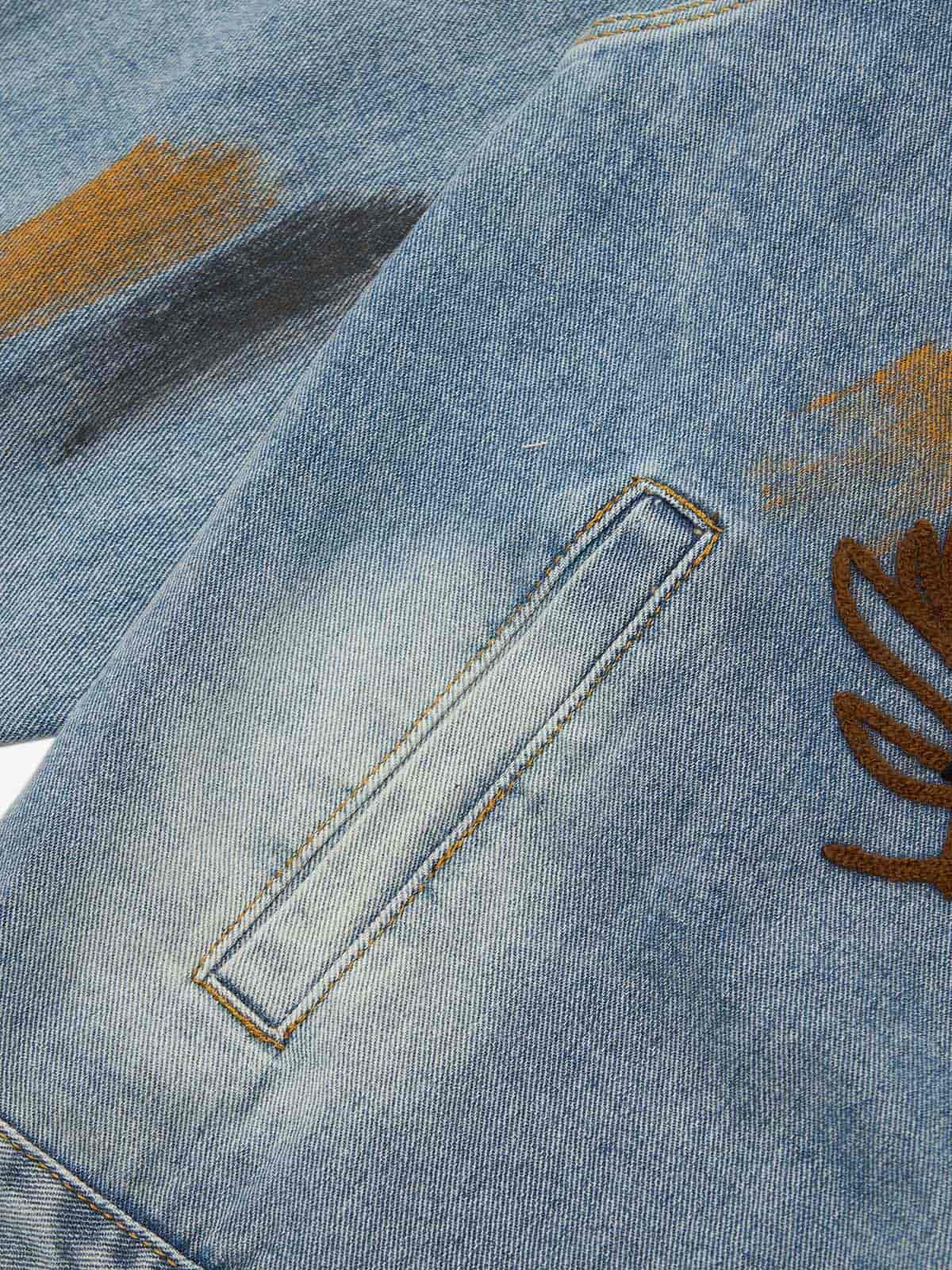 Retro Street Floral Embroidery Washed Zipper Denim Jacket 
