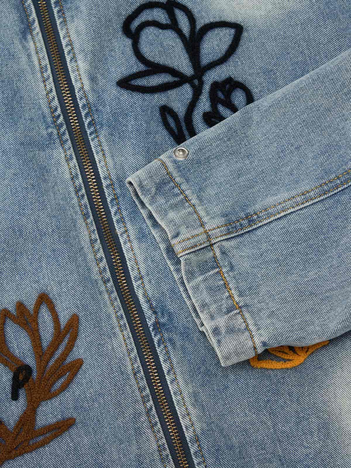 Retro Street Floral Embroidery Washed Zipper Denim Jacket 
