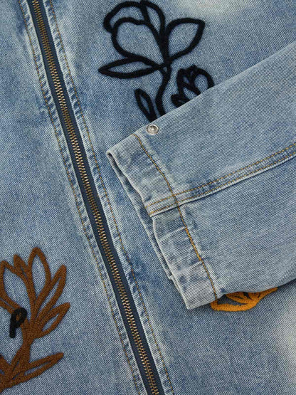 Retro Street Floral Embroidery Washed Zipper Denim Jacket 