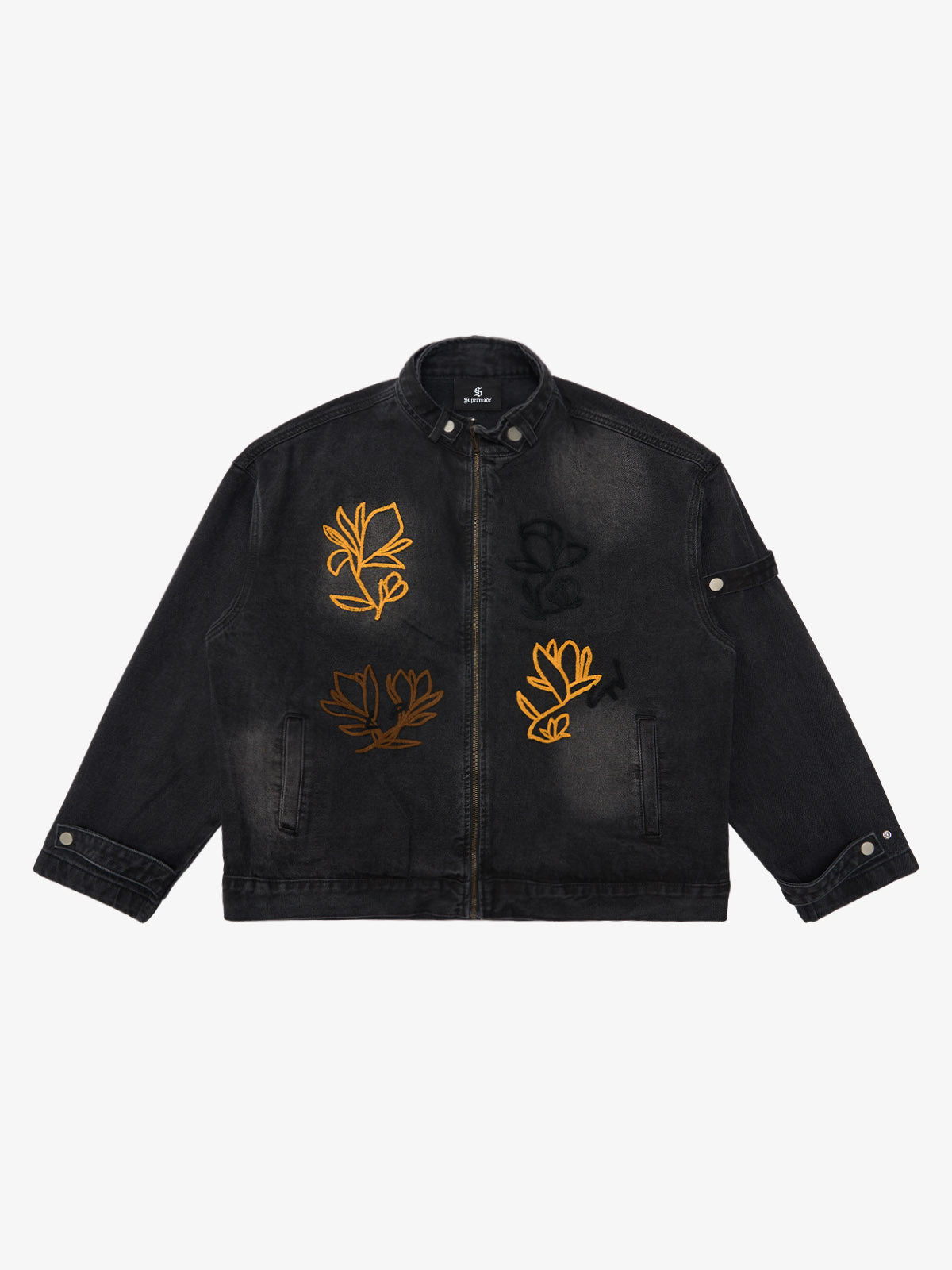 Retro Street Floral Embroidery Washed Zipper Denim Jacket 