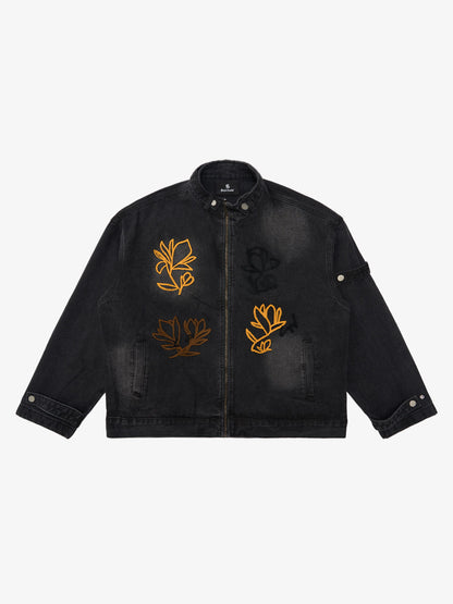 Retro Street Floral Embroidery Washed Zipper Denim Jacket 