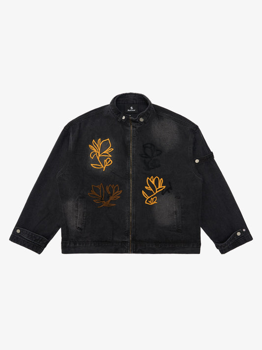 Retro Street Floral Embroidery Washed Zipper Denim Jacket 