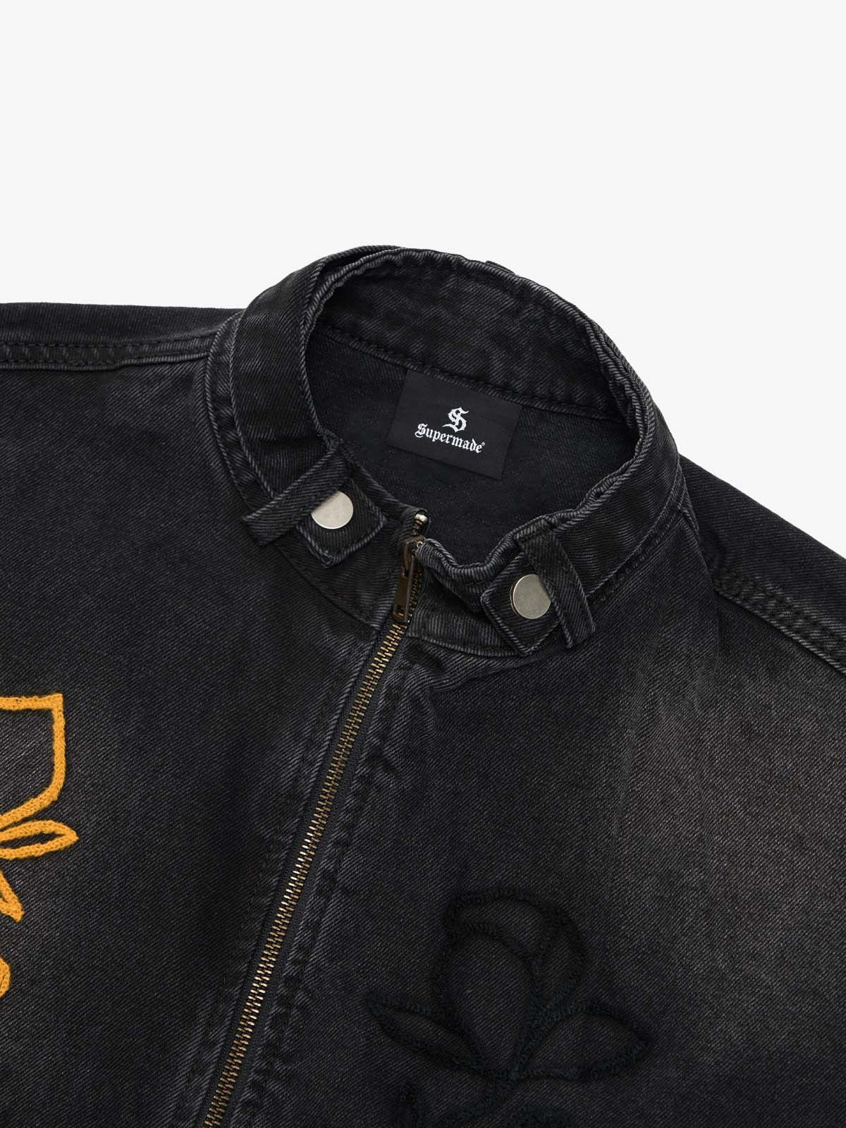 Retro Street Floral Embroidery Washed Zipper Denim Jacket 