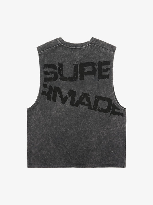 Cross-Print Distressed Washed Vest 