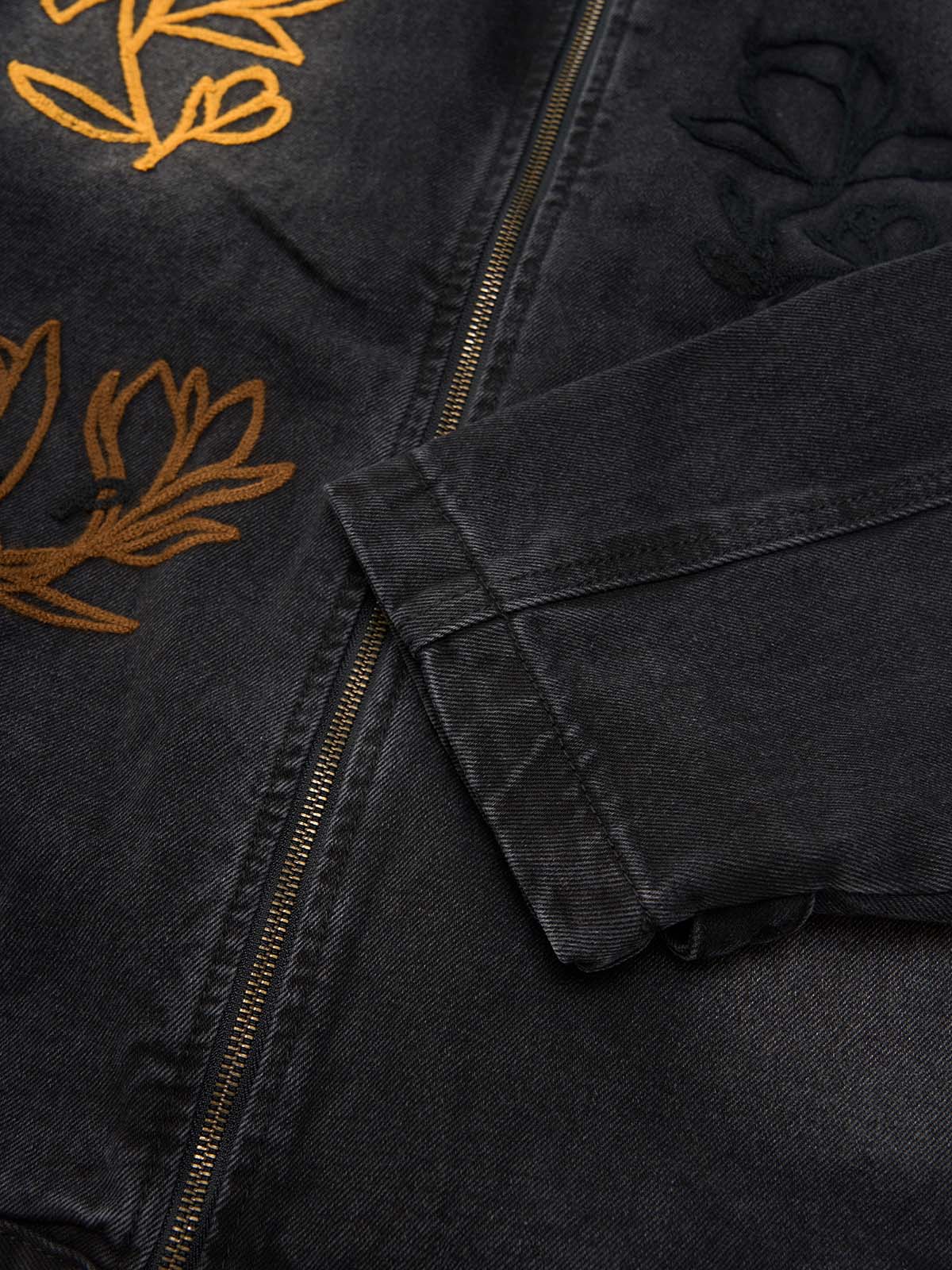 Retro Street Floral Embroidery Washed Zipper Denim Jacket 