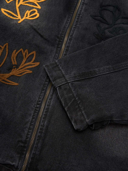 Retro Street Floral Embroidery Washed Zipper Denim Jacket 