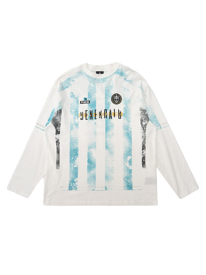 Retro Mottled Striped Badge Print Long Sleeve T-Shirt 