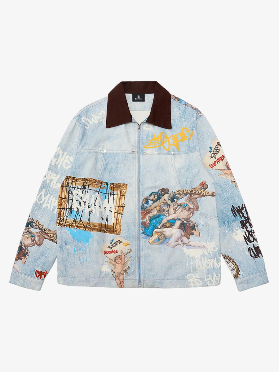 Artistic Patches Graphic  Distressed Denim Jacket - 2573 