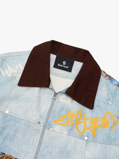 Artistic Graffiti Print Denim Jacket and Pants Set 