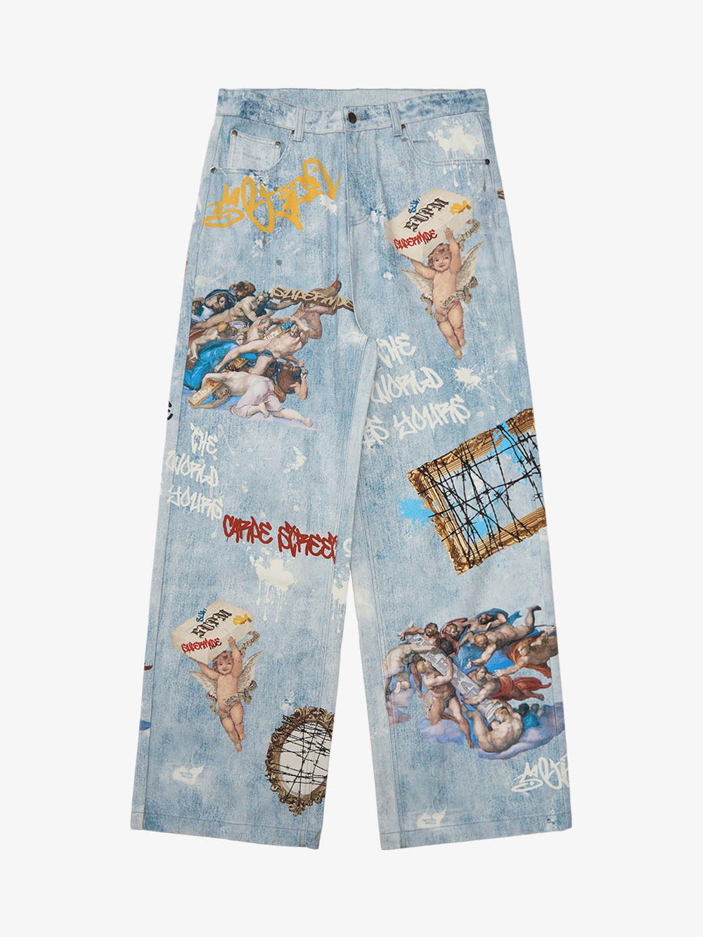 Retro Artistic Graffiti Angelic Prints Baggy Jeans - 2574 