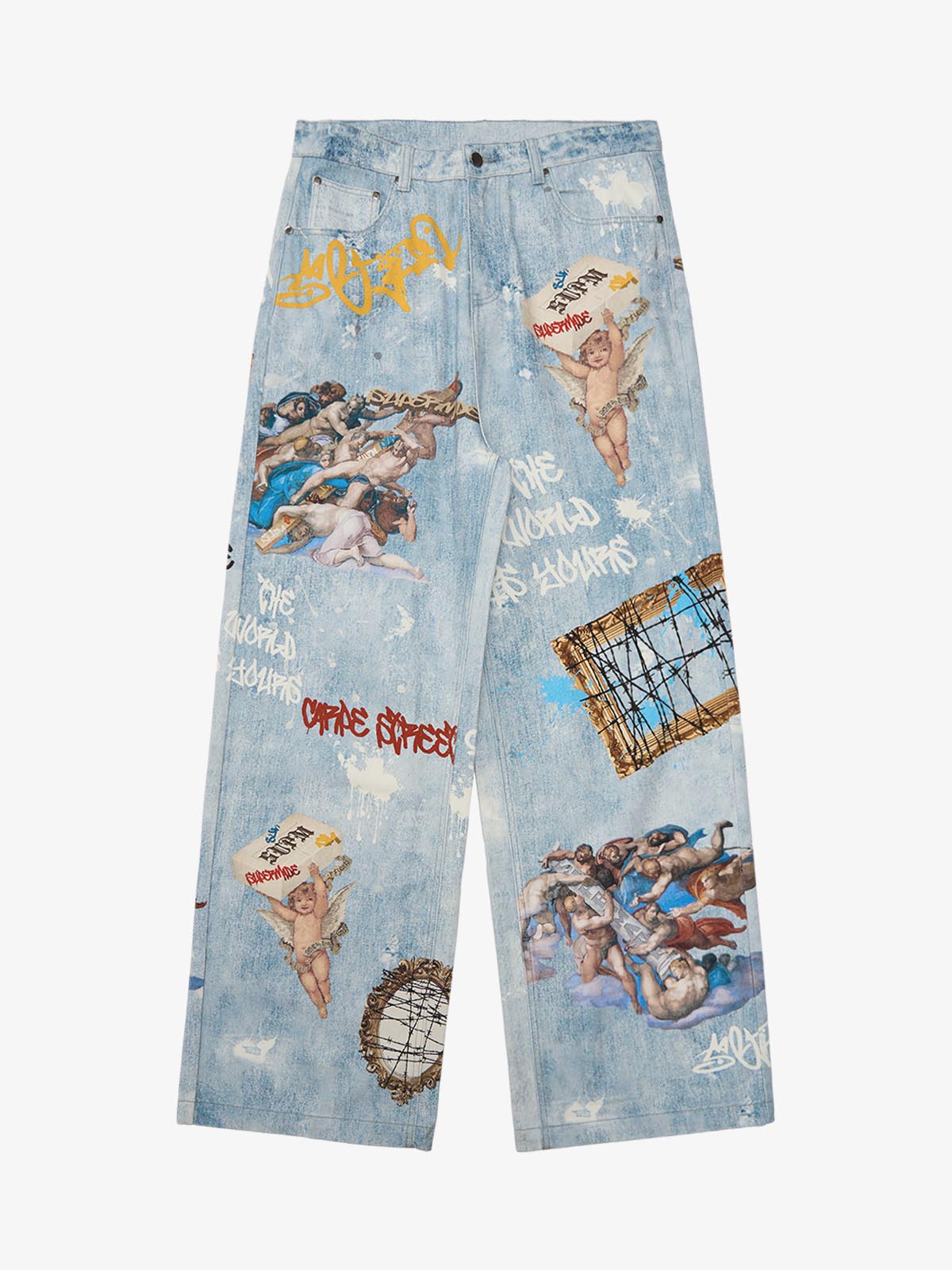 Retro Artistic Graffiti Angelic Prints Baggy Jeans - 2574 