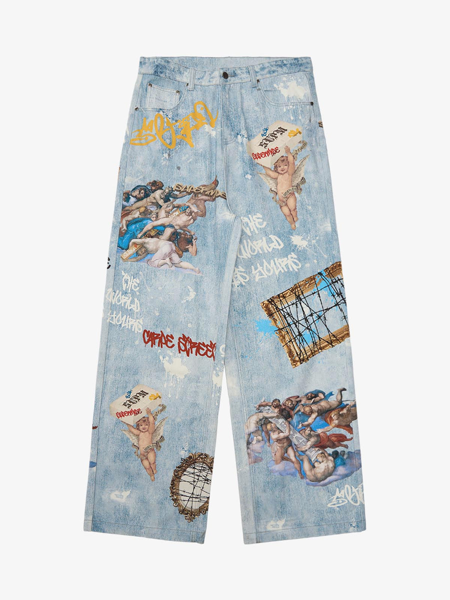 Retro Artistic Graffiti Angelic Prints Baggy Jeans - 2574 