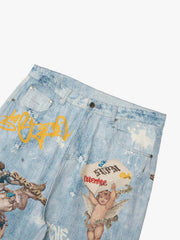 Retro Artistic Graffiti Angelic Prints Baggy Jeans - 2574 
