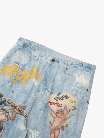 Retro Artistic Graffiti Angelic Prints Baggy Jeans - 2574 