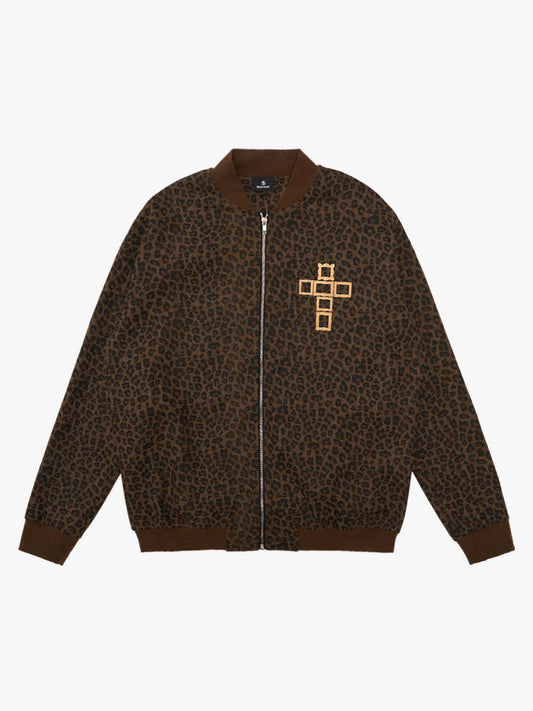 Cross Frame Leopard Print Baseball Jacket 