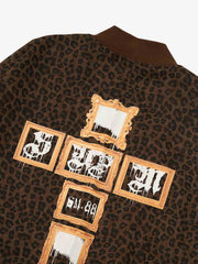 Cross Frame Leopard Print Baseball Jacket - 2572 