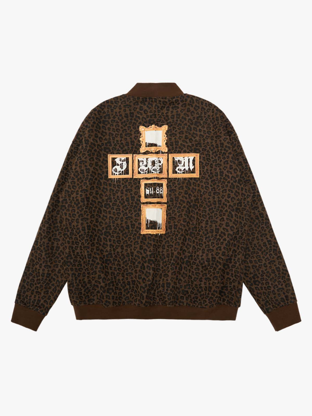 Cross Frame Leopard Print Baseball Jacket - 2572 