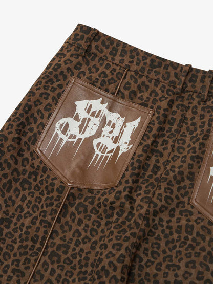 SUPM Graffiti Print Leather Leopard Print Baggy Pants 