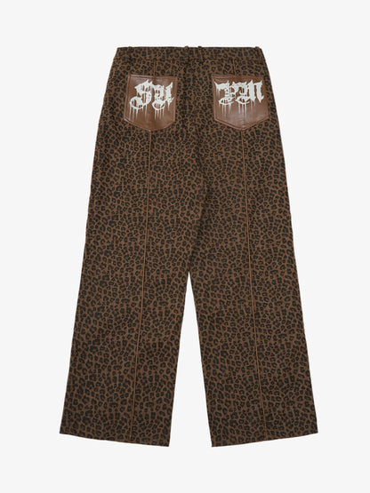 SUPM Graffiti Print Leather Leopard Print Baggy Pants 