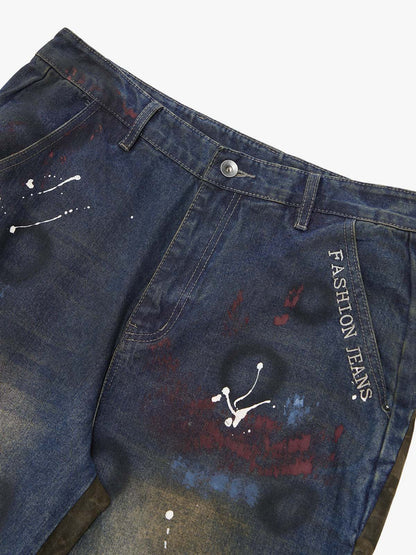 Washed Stripe Patchwork Totem Print Baggy Jeans 