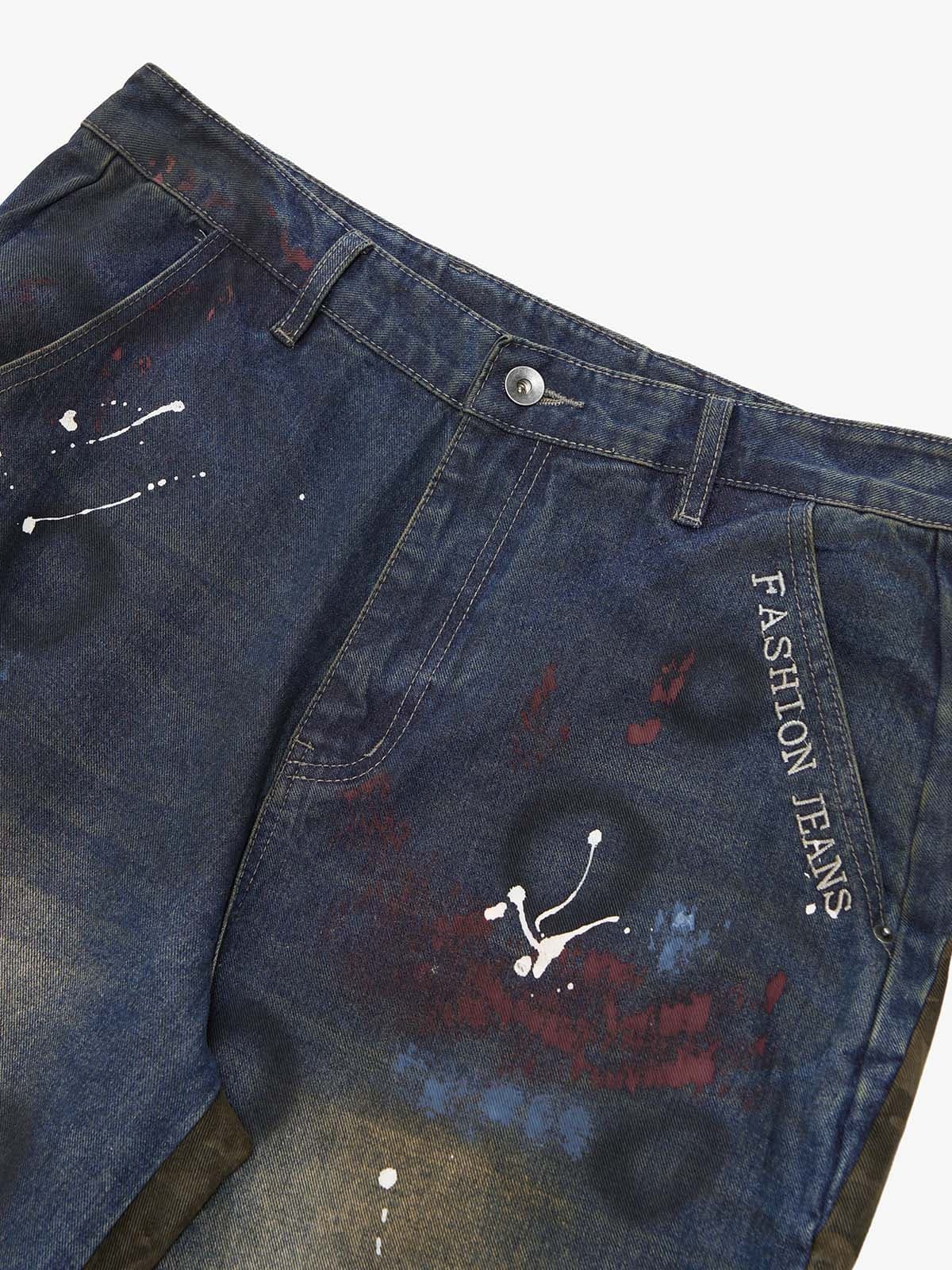 Washed Stripe Patchwork Totem Print Baggy Jeans 