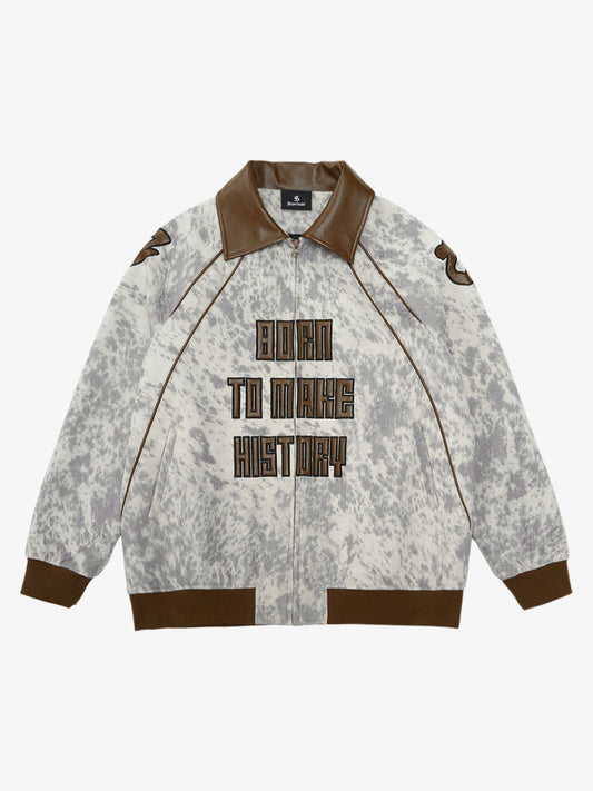 “Born to Make History” Embroidered Snow Leopard Fleece Jacket 