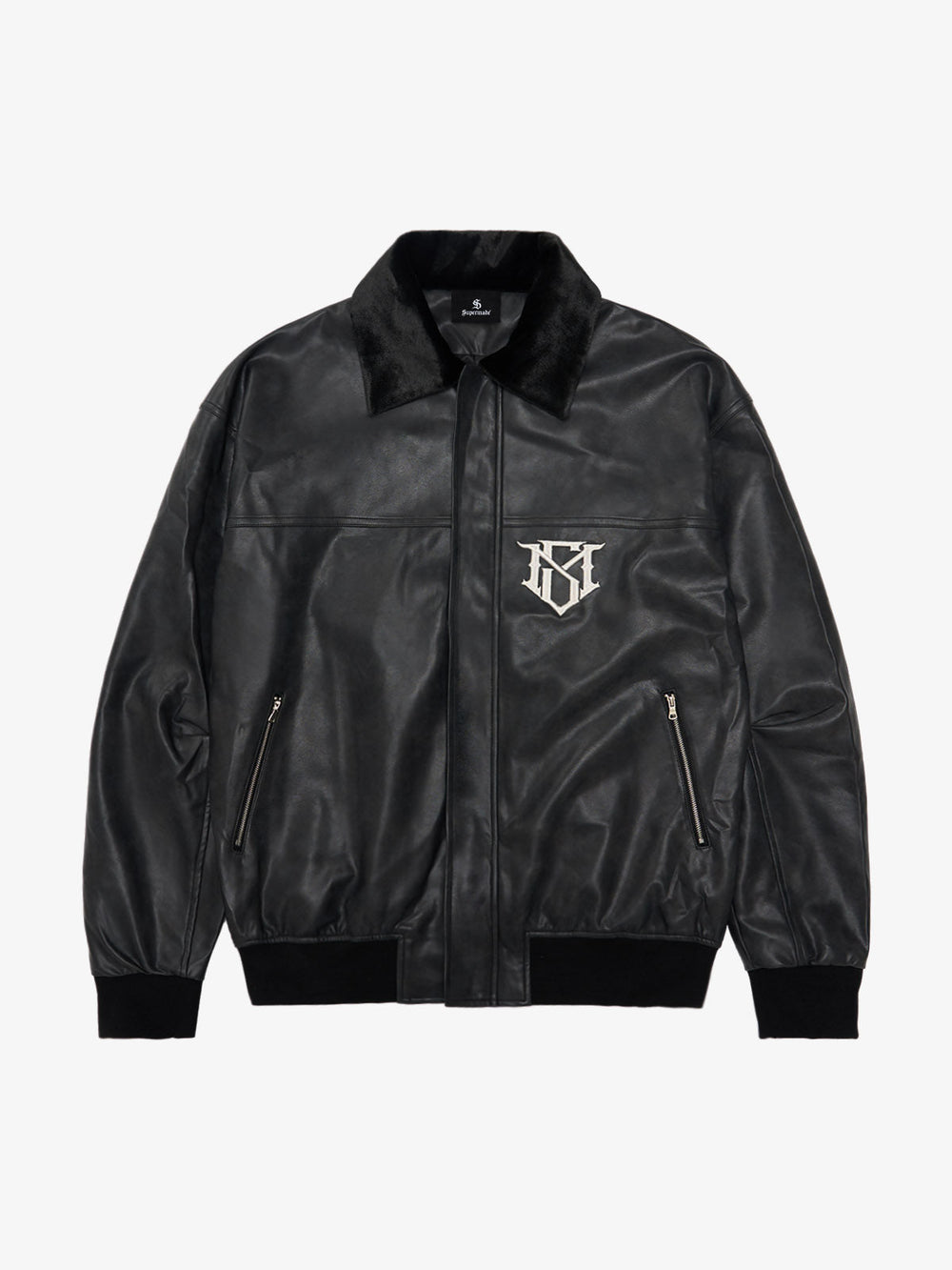 SUPM Fur Collar Rhinestone Pattern Leather Jacket - 2557 