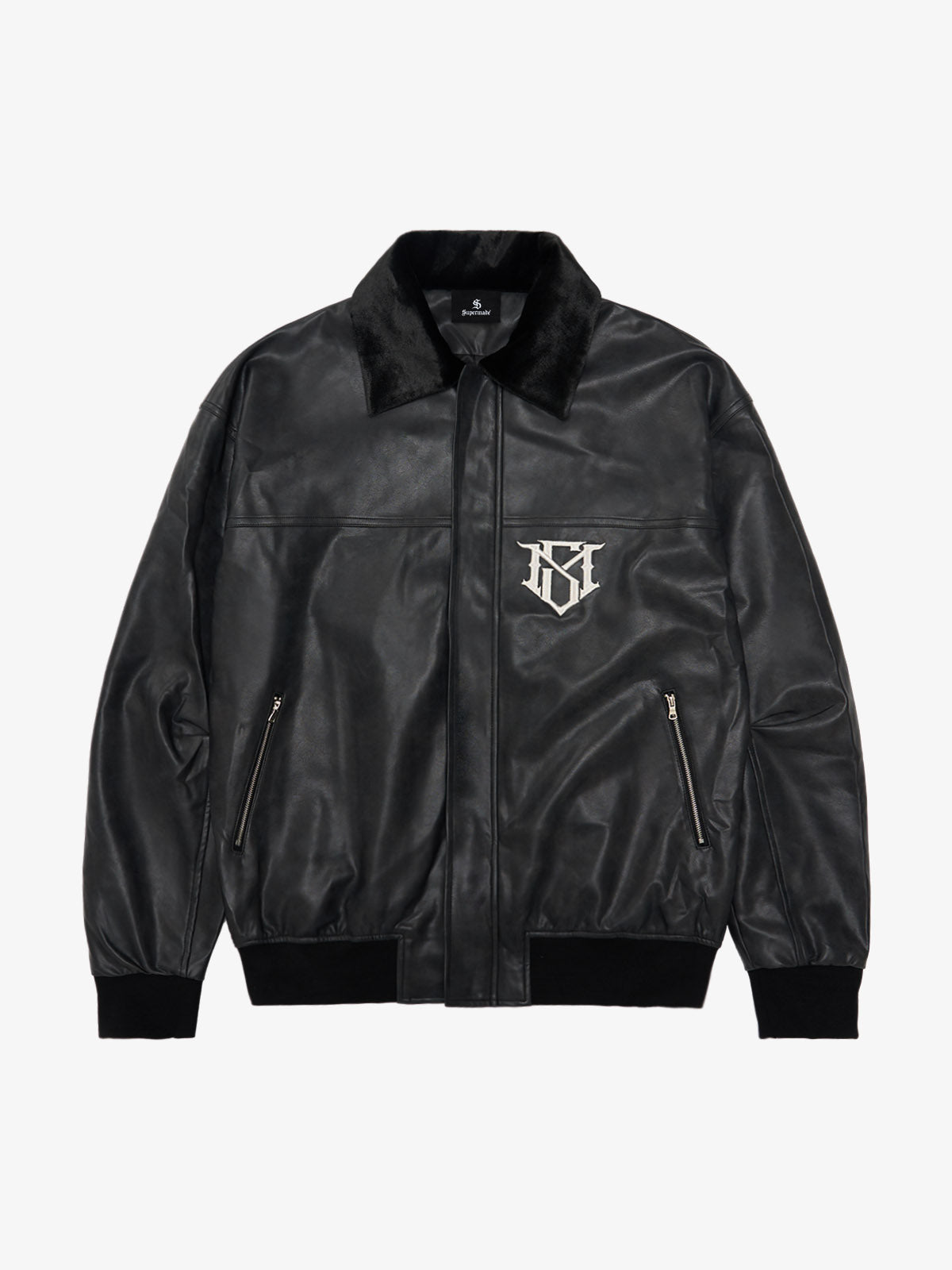 SUPM Fur Collar Rhinestone Pattern Leather Jacket - 2557 