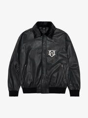 SUPM Fur Collar Rhinestone Pattern Leather Jacket - 2557 