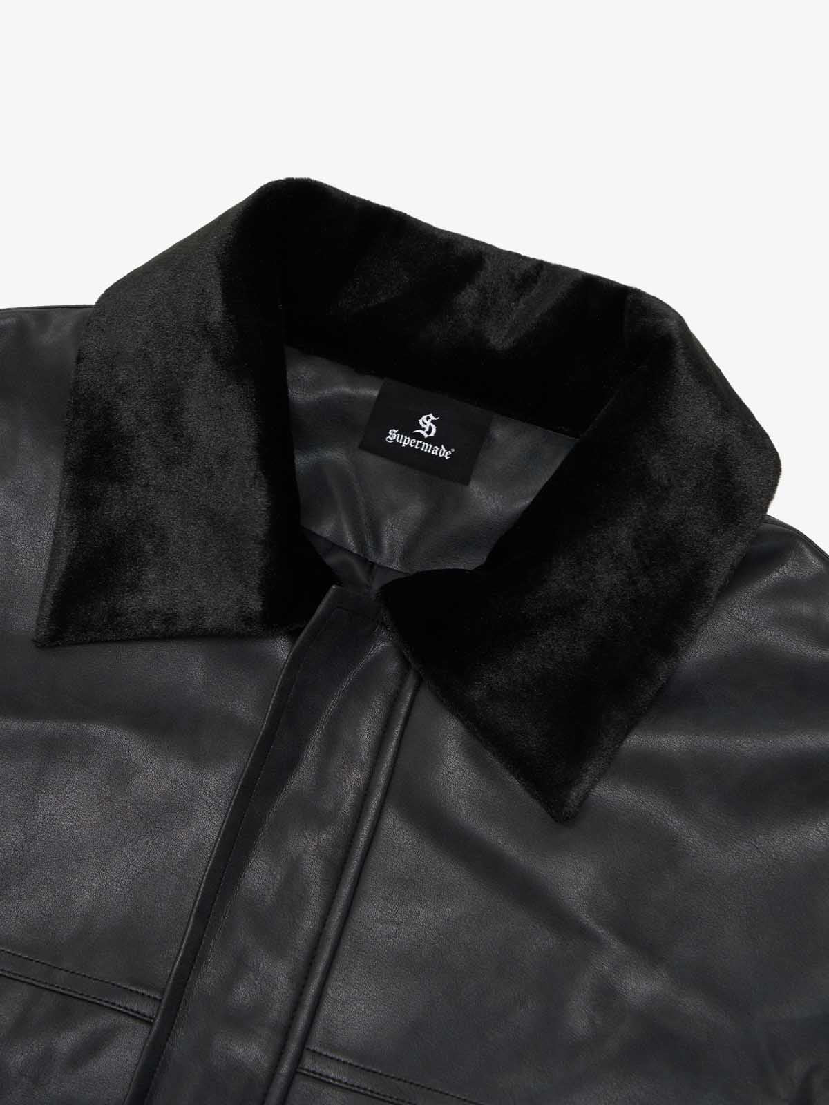 SUPM Fur Collar Rhinestone Pattern Leather Jacket - 2557 