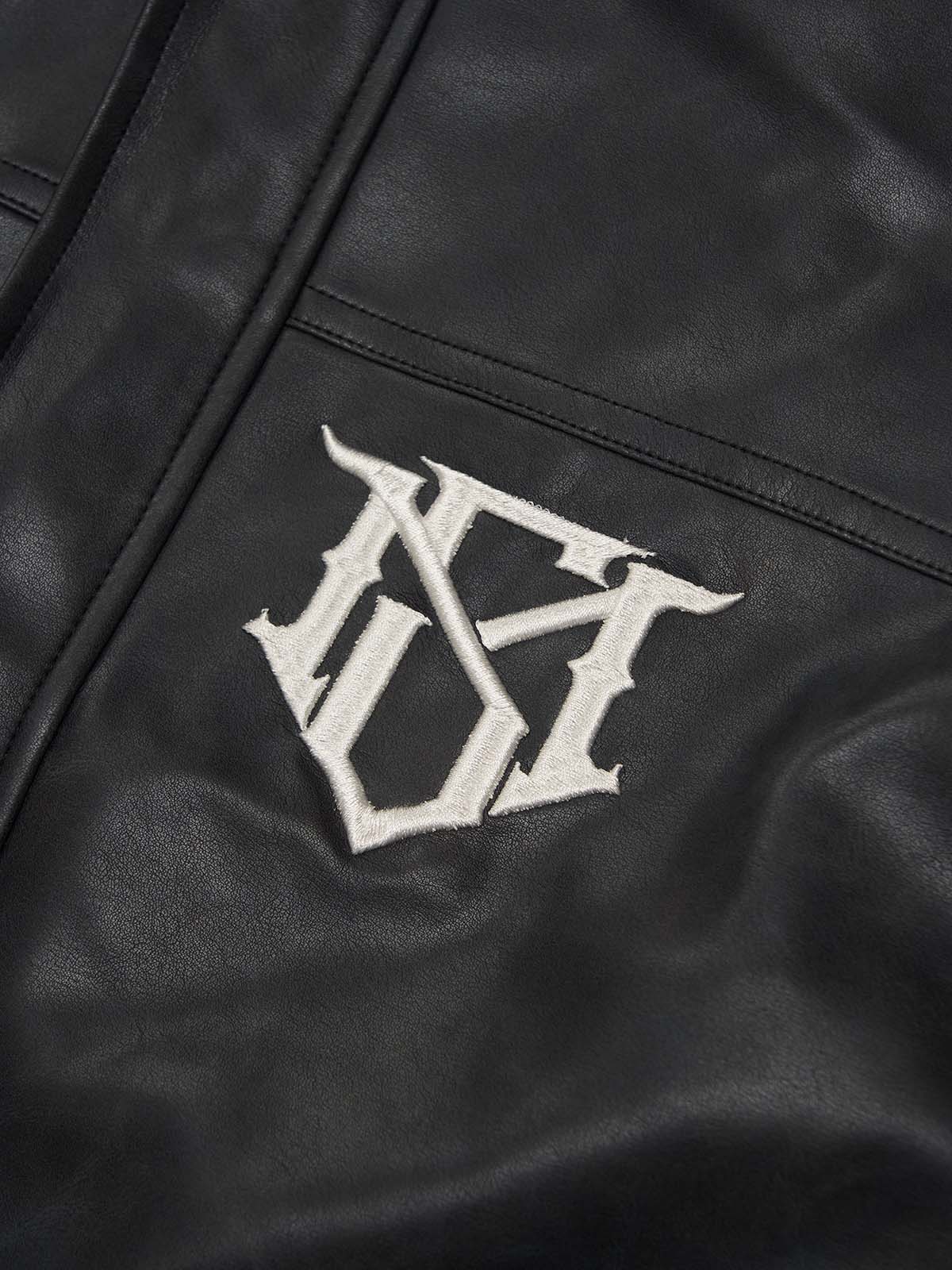 SUPM Fur Collar Rhinestone Pattern Leather Jacket - 2557 