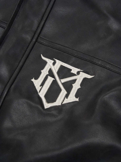 SUPM Fur Collar Rhinestone Pattern Leather Jacket 