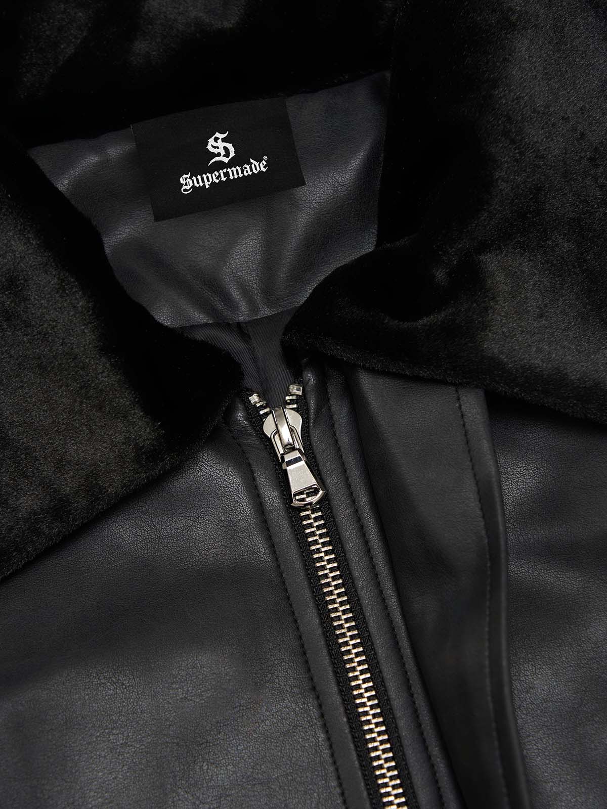 SUPM Fur Collar Rhinestone Pattern Leather Jacket - 2557 