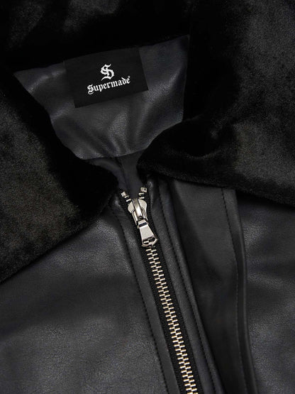 SUPM Fur Collar Rhinestone Pattern Leather Jacket 