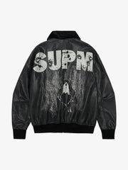 SUPM Fur Collar Rhinestone Pattern Leather Jacket - 2557 