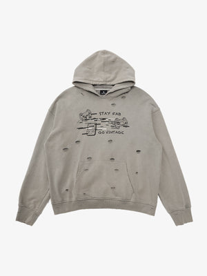 Retro Washed Distressed Ripped Print Cotton Hoodie 