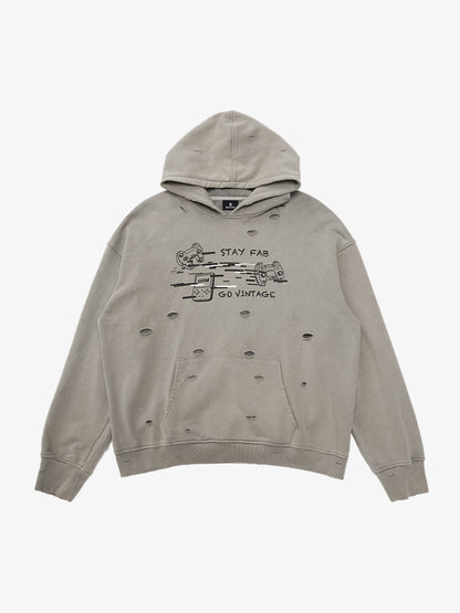 Retro Washed Distressed Ripped Print Cotton Hoodie 