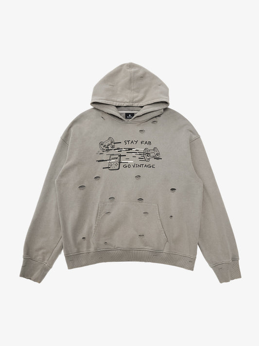 Retro Washed Distressed Ripped Print Cotton Hoodie 