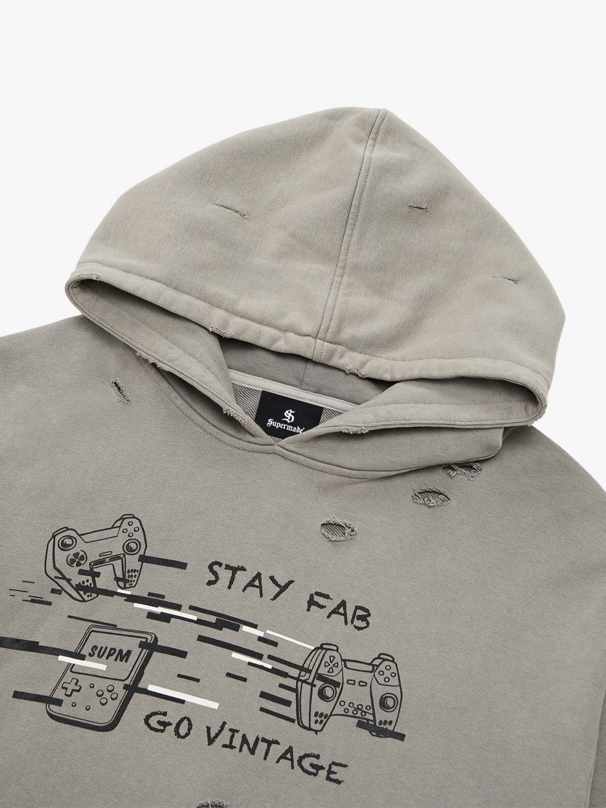 Retro Washed Distressed Ripped Print Cotton Hoodie 