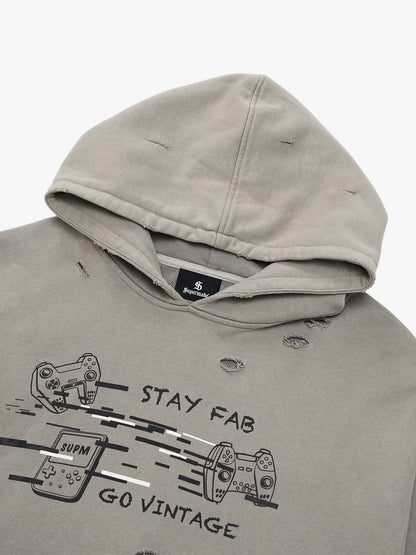 Retro Washed Distressed Ripped Print Cotton Hoodie 