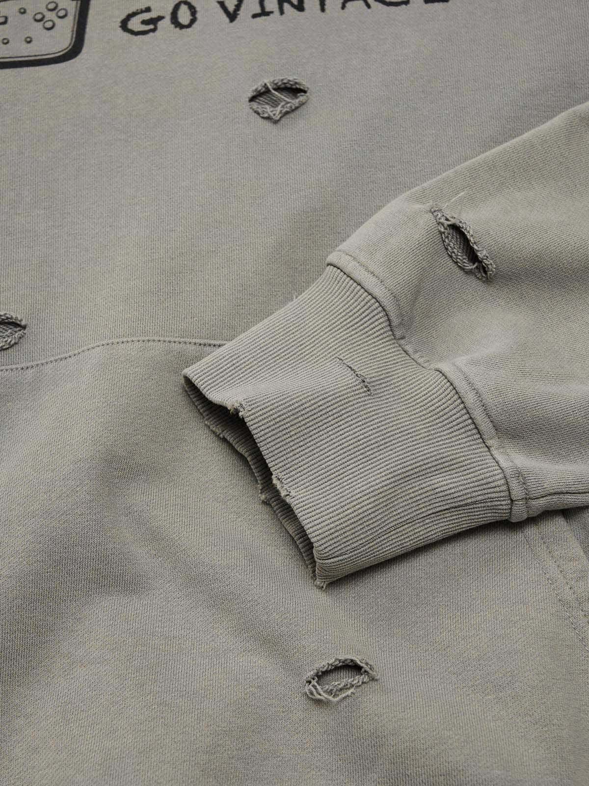 Retro Washed Distressed Ripped Print Cotton Hoodie 