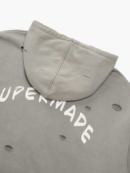 Retro Washed Distressed Ripped Print Cotton Hoodie 
