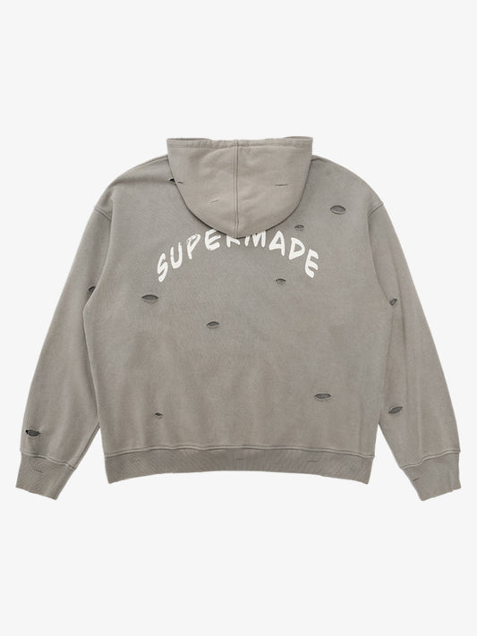 Retro Washed Distressed Ripped Print Cotton Hoodie 