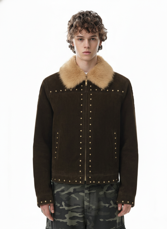 Vintage Suede Studded Faux Fur Collar Jacket 
