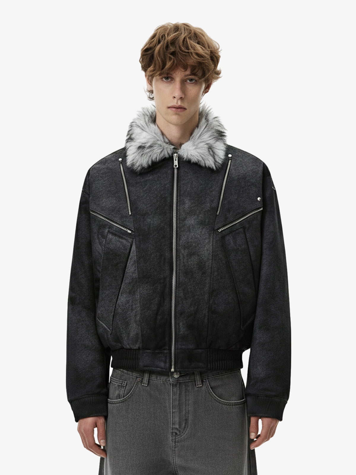 Fur Collar Moto-Style Zip Up Bomber Jacket 