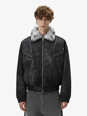 Fur Collar Moto-Style Zip Up Bomber Jacket 