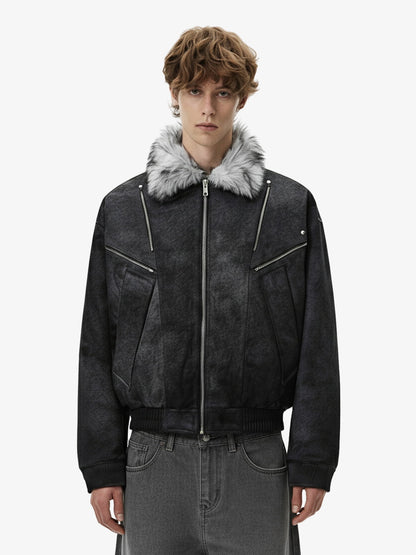 Fur Collar Moto-Style Zip Up Bomber Jacket 
