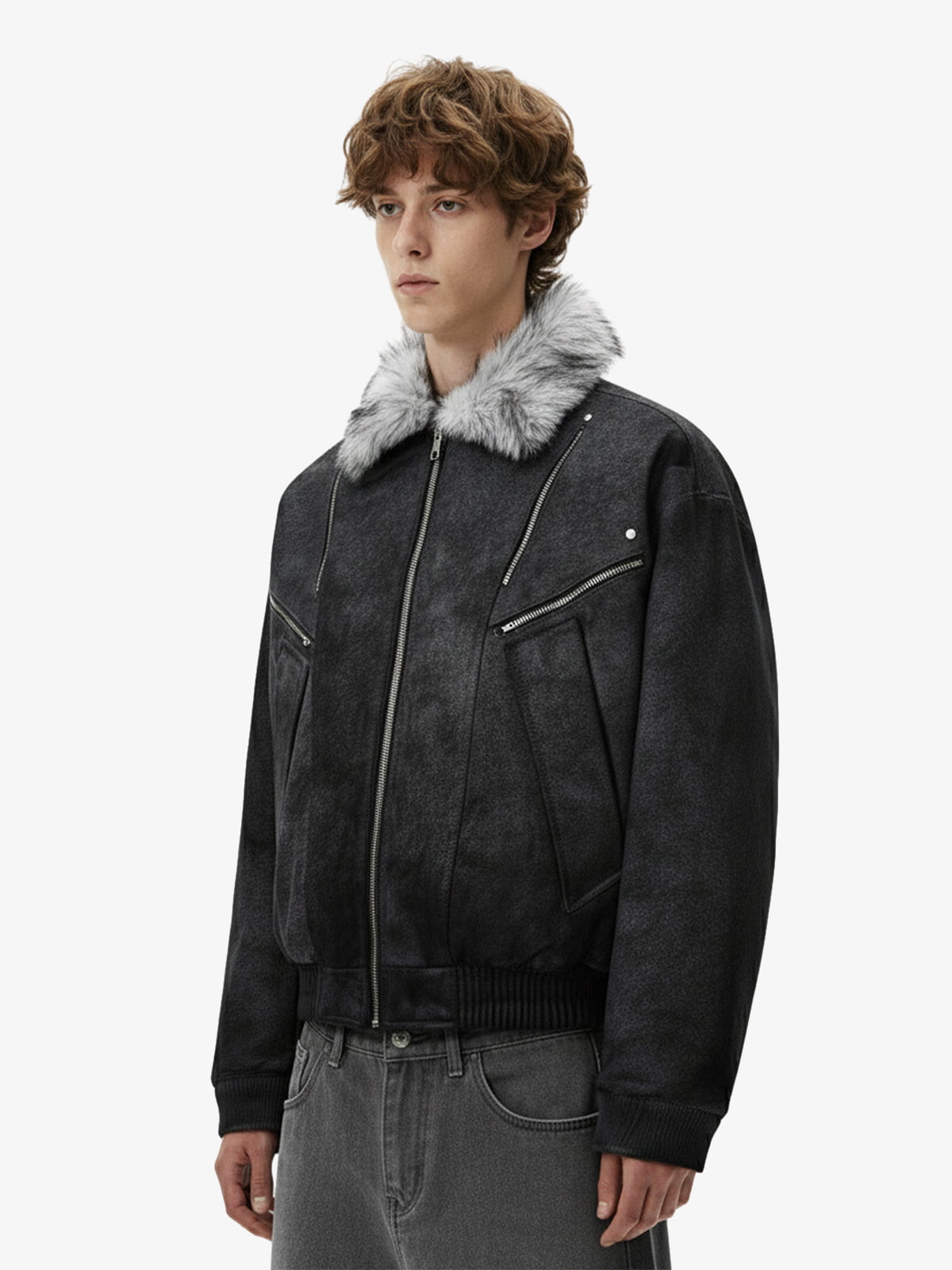 Fur Collar Moto-Style Zip Up Bomber Jacket 