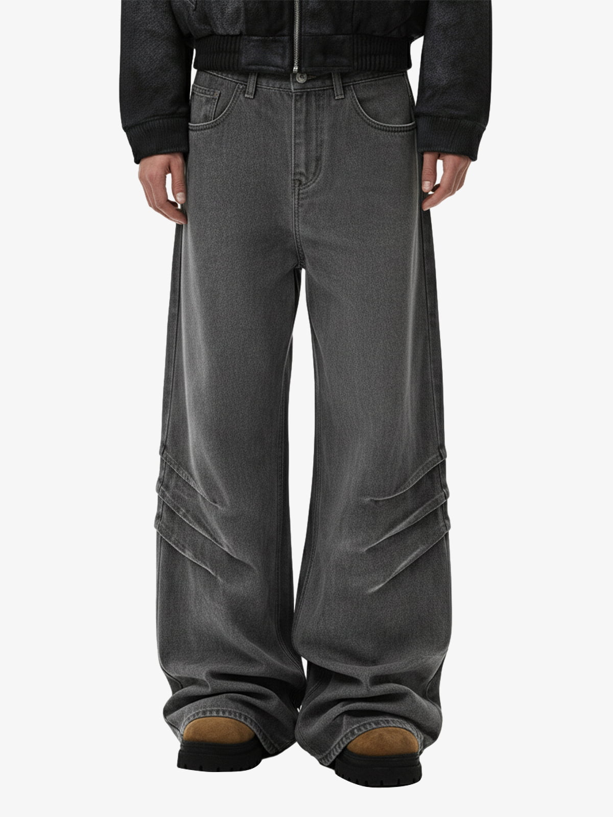 Washed Pleated Baggy Jeans 