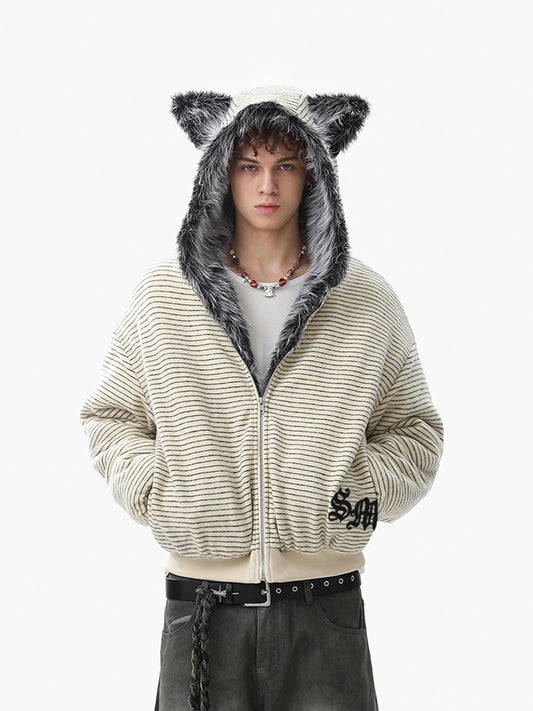 Striped Knit Faux Fur Lined Zip Up Hoodie 